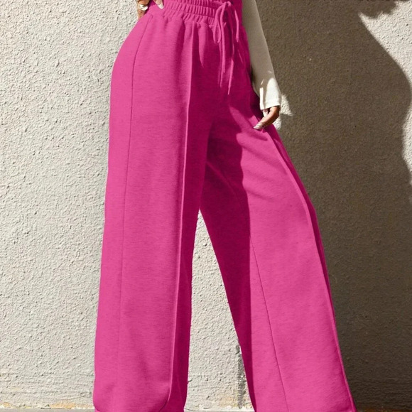 Hot Pink Women's Drawstring Waist Loose Wide Leg Palazzo Pants - Picture 4 of 5